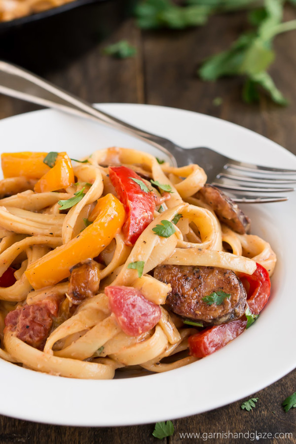 Creamy Cajun Pasta With Smoked Sausage Garnish And Glaze