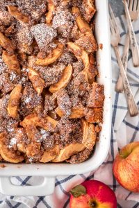 Birds eye view of Overnight Apple French Toast Casserole in the pan.