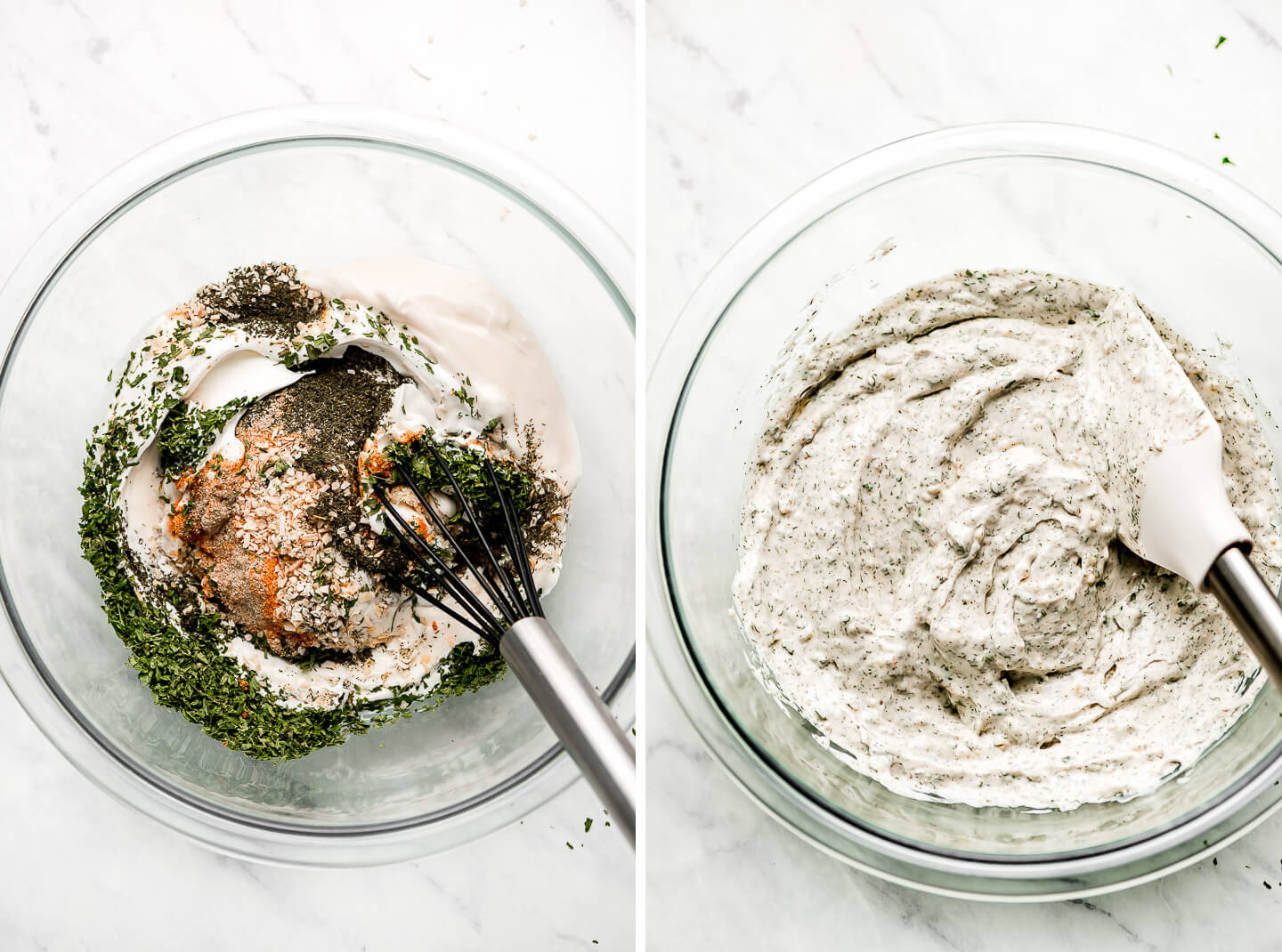 Diptych- mayo, sour cream, spices & herbs in a bowl; dip mixed together.