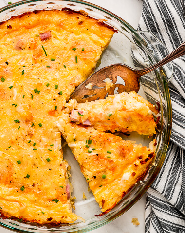 Close up of sliced Ham and Cheese Hash Brown Quiche.